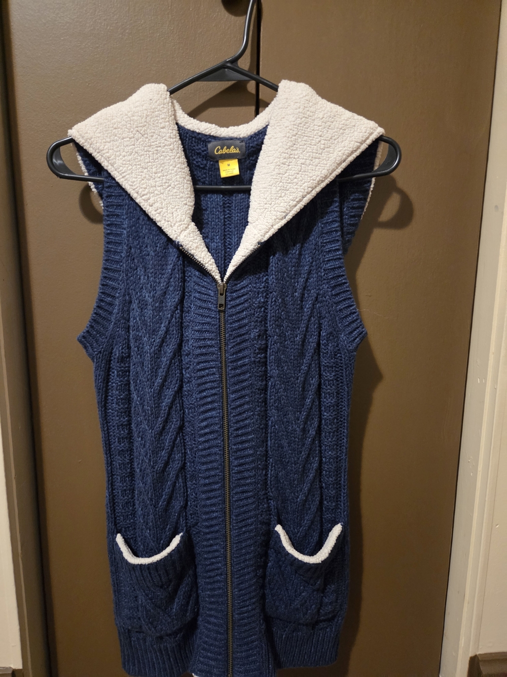 Cabela's Navy Cable Knit Sherpa-Lined Hooded Vest